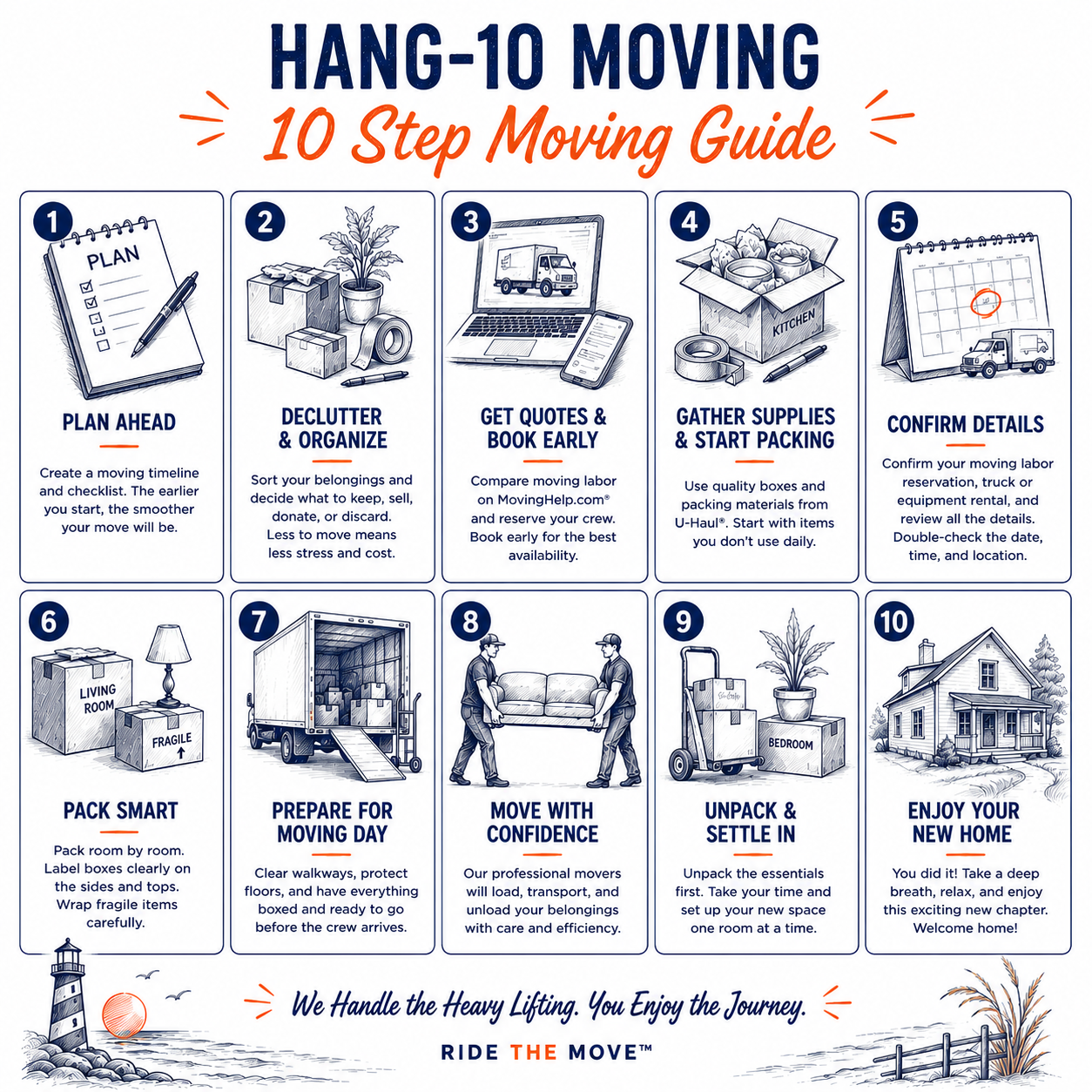 A ten step moving guide with visual illustrations.