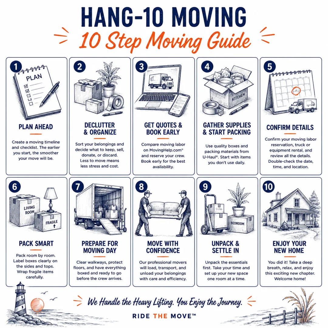 A ten step moving guide with visual illustrations.