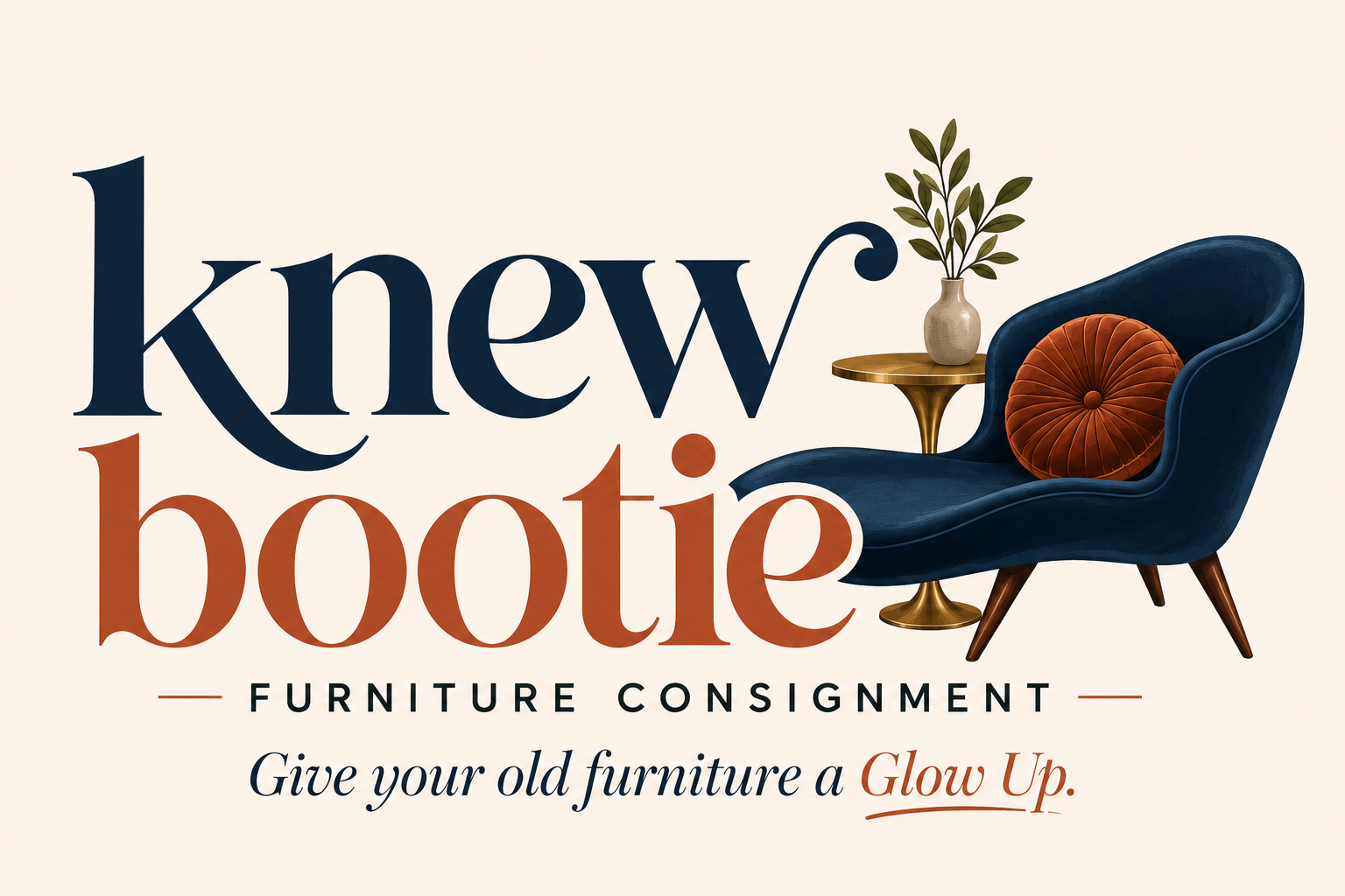 the image displays a modern chair, table and vase. text says: Knew bootie